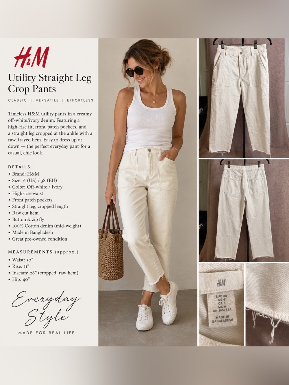 H&M Ivory Utility Straight Leg Crop Pants Size 6 Raw Hem High Rise